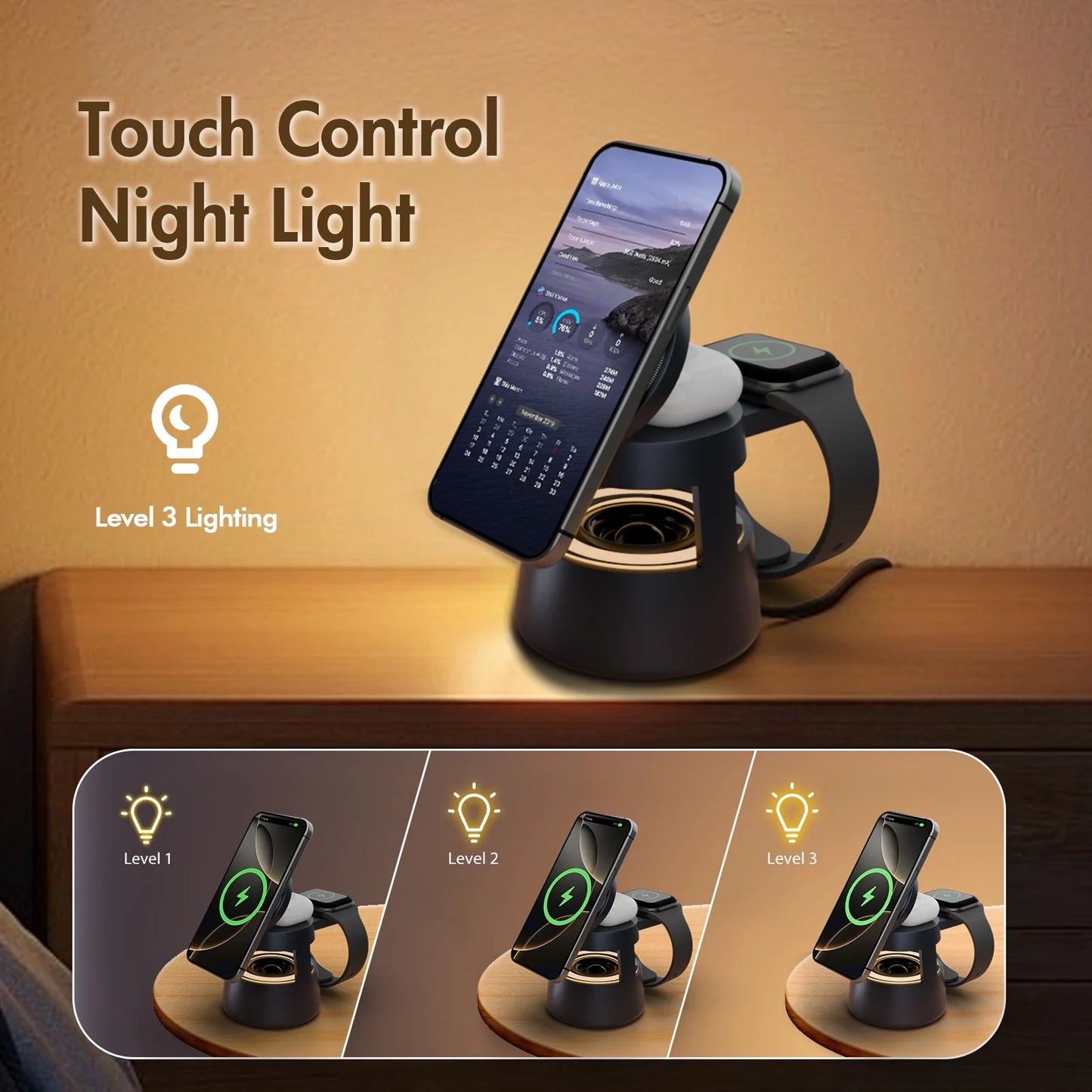 5 in 1 Wireless Charging Station, 15W Fast Charging Wireless Charger for Iphone Airpods Iwatch with Magsafe and Mushroom Light, Compatible with Iphone 8 and above Series