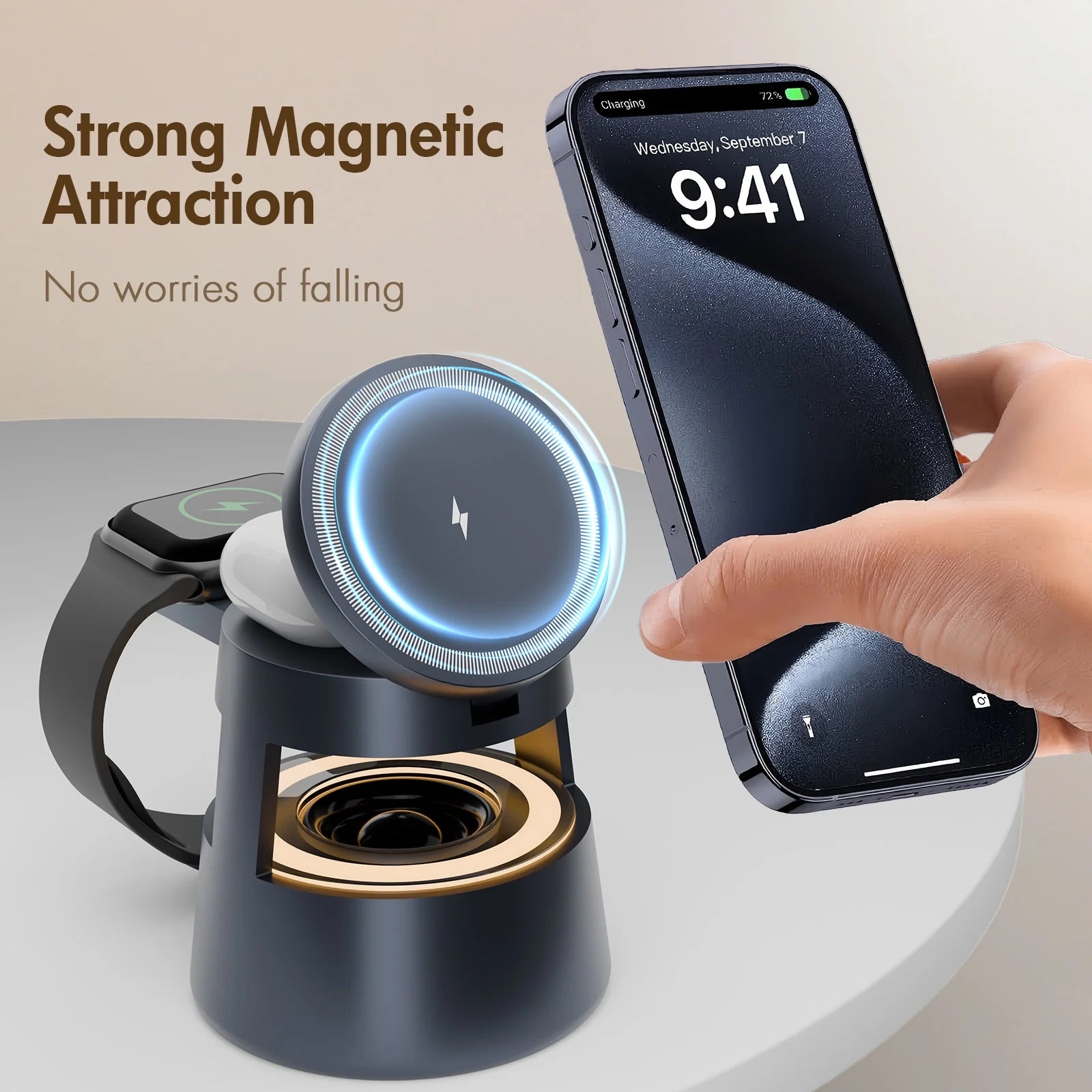 5 in 1 Wireless Charging Station, 15W Fast Charging Wireless Charger for Iphone Airpods Iwatch with Magsafe and Mushroom Light, Compatible with Iphone 8 and above Series